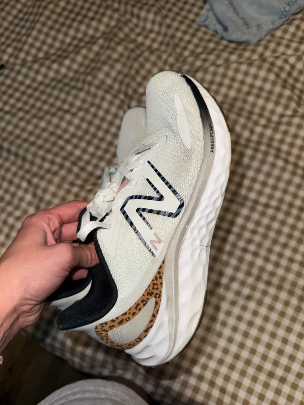 New Balance Light Cream and Black Running Shoe with Leopard Trim - Picture 2 of 5